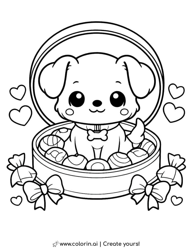 puppy in chocolate box coloring page with candies bows and hearts