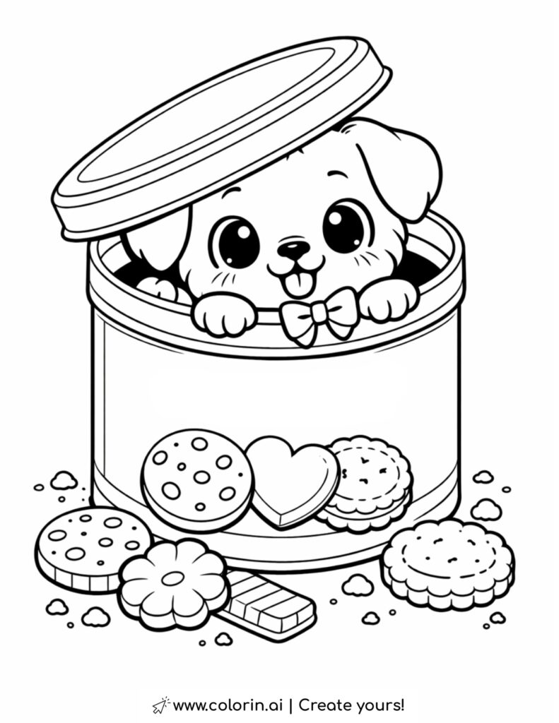 puppy in cookie tin coloring page with cookies crumbs candy and bow tie coloring page