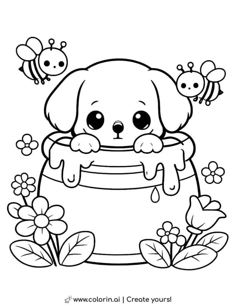 puppy in honey pot coloring page with dripping honey bees flowers and leaves coloring page