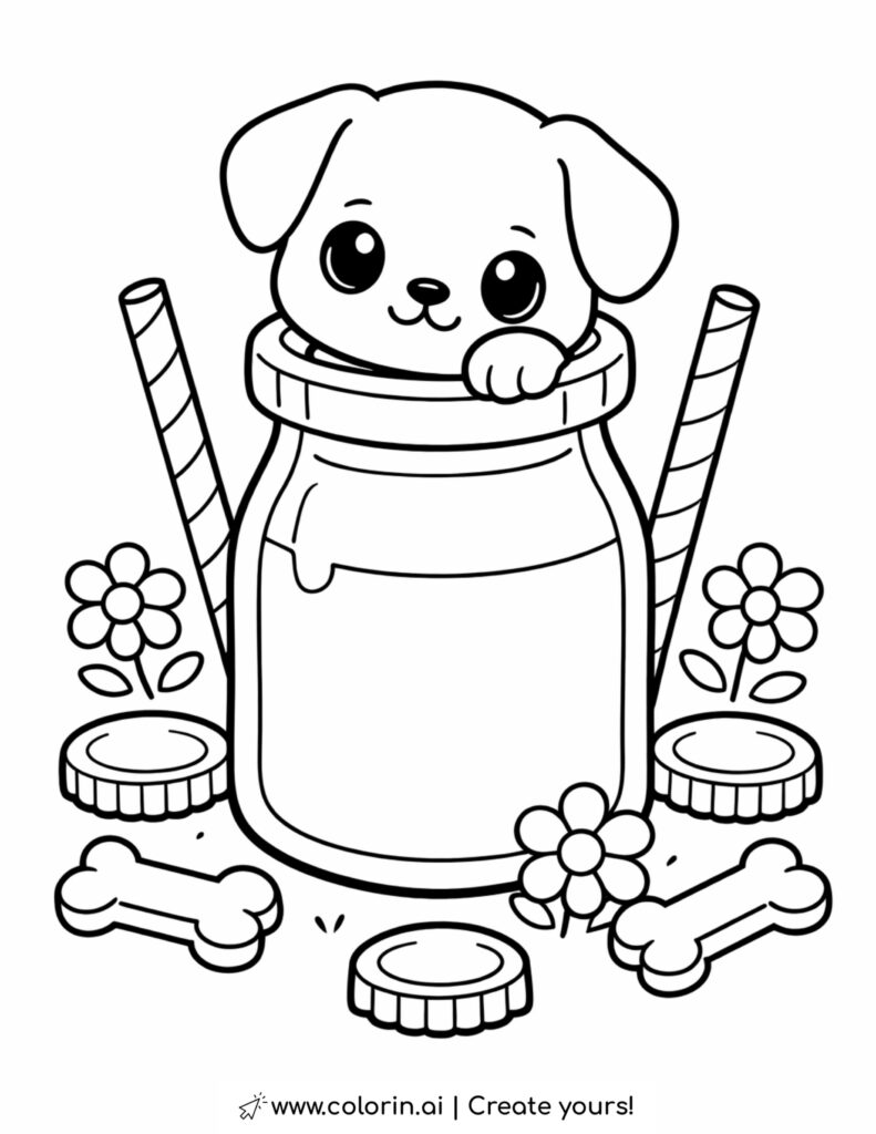 puppy in milk bottle coloring page with straws flowers bottle caps and bones coloring page