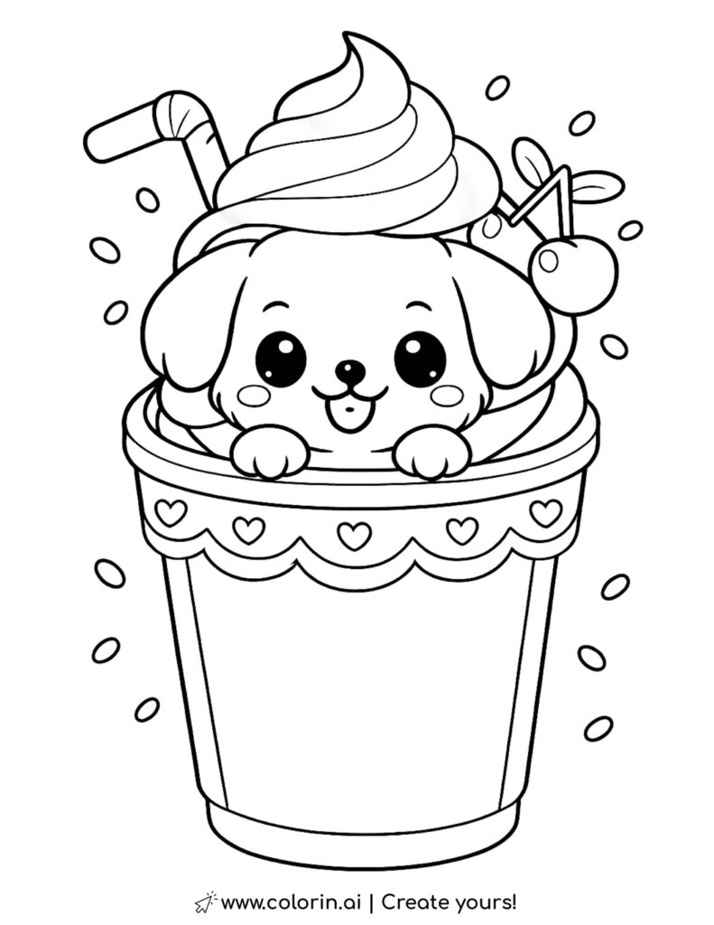 puppy in milkshake cup coloring page with whipped cream cherries sprinkles and straw coloring page