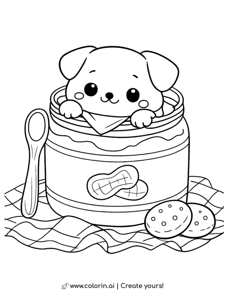 puppy in peanut butter jar coloring page with cookies spoon napkin and peanut jar