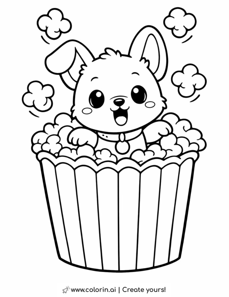 puppy in popcorn bucket coloring page with popcorn kernels popping around a happy puppy