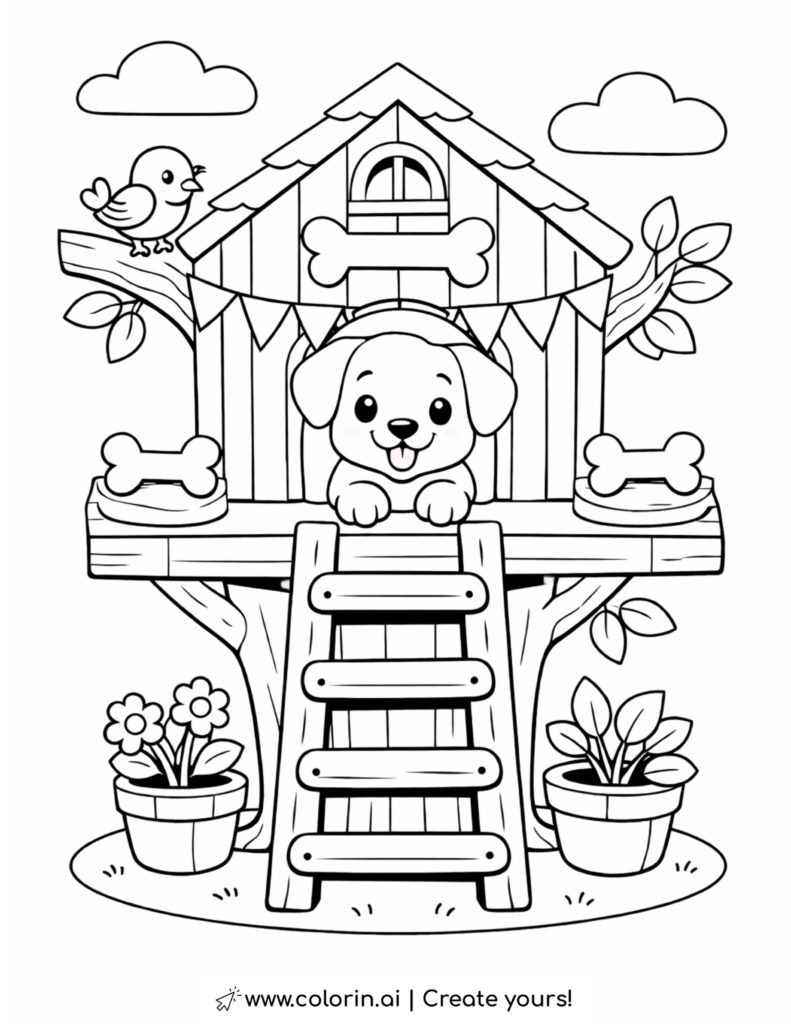 puppy in treehouse dog house coloring page with ladder plants bones and bird coloring page