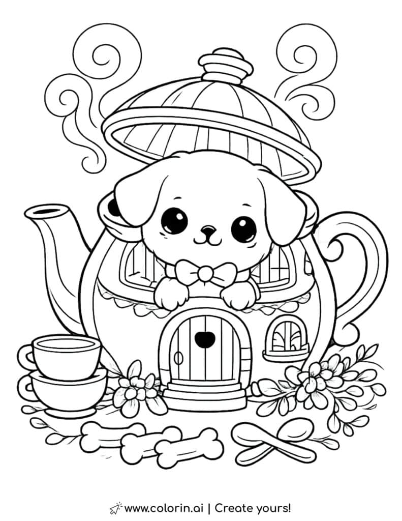 puppy inside a teapot house coloring page with teacups flowers and steam swirls