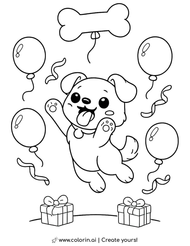 puppy jumping for bone balloon coloring page with balloons ribbons and gift boxes coloring page