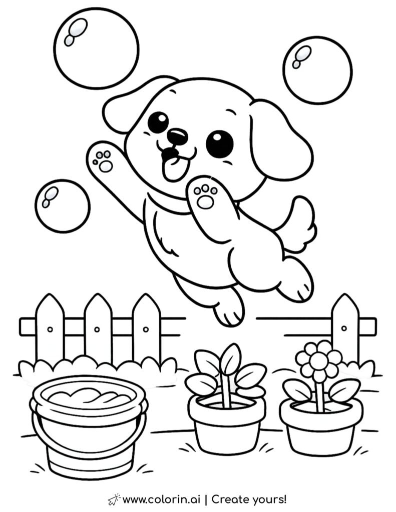 puppy jumping for bubbles coloring page with garden fence plants and water bucket coloring page