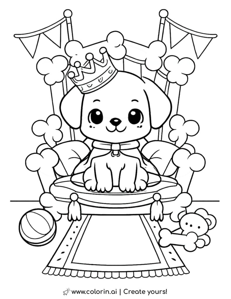 puppy king on bone throne coloring page with crown banners toys and royal seat coloring page