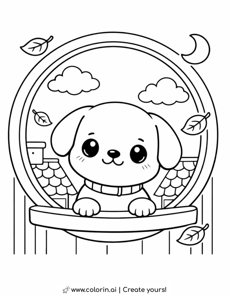 puppy looking from round attic window coloring page with clouds moon rooftops and leaves coloring page
