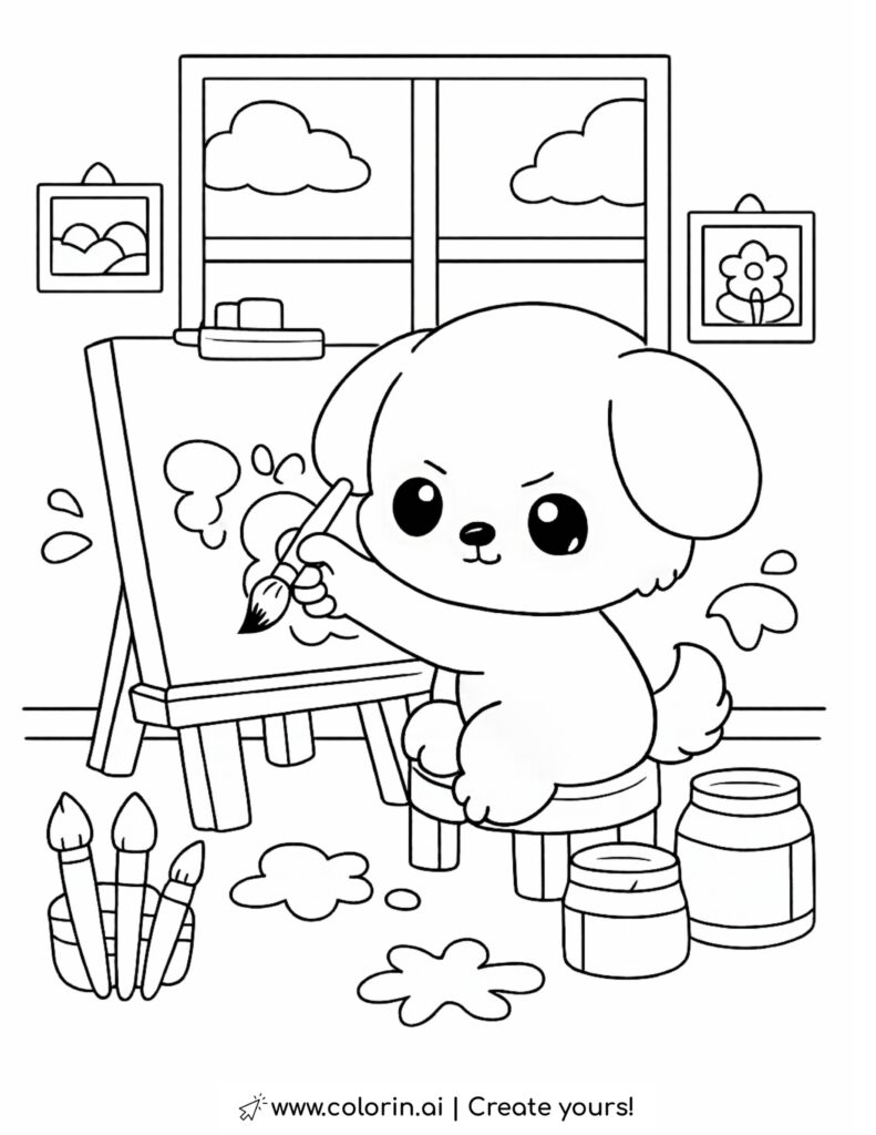 puppy painting on easel coloring page with paint jars brushes and art studio coloring page