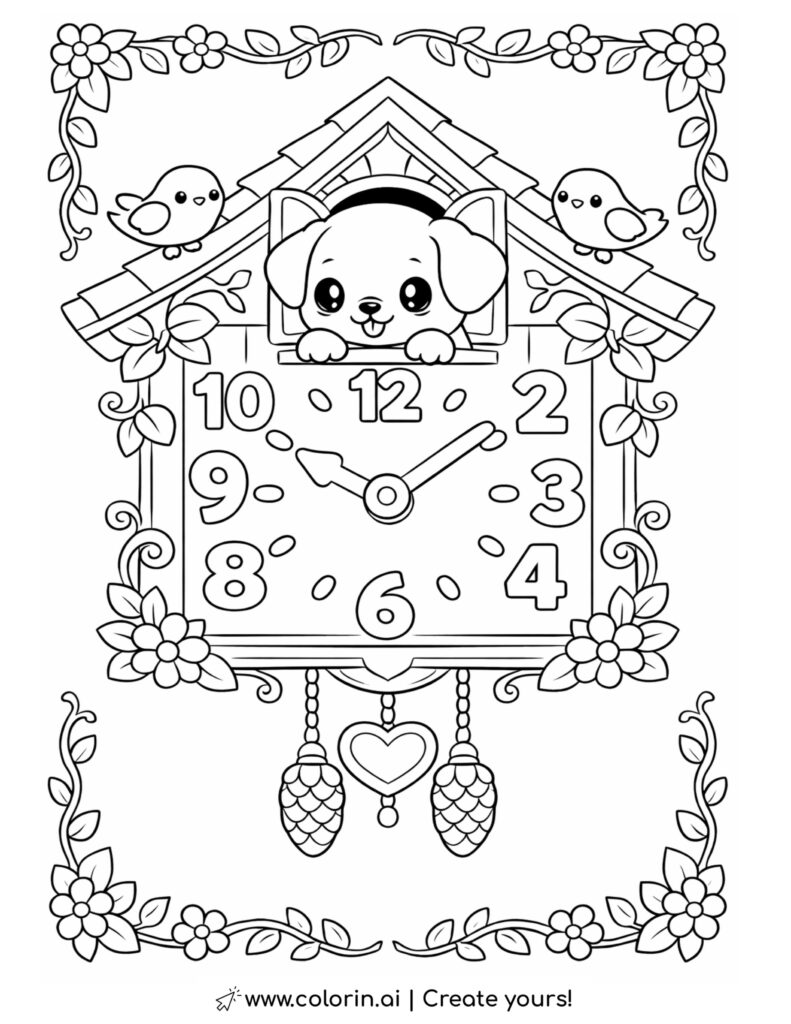 puppy peeking from a cuckoo clock coloring page with birds flowers and a pendulum