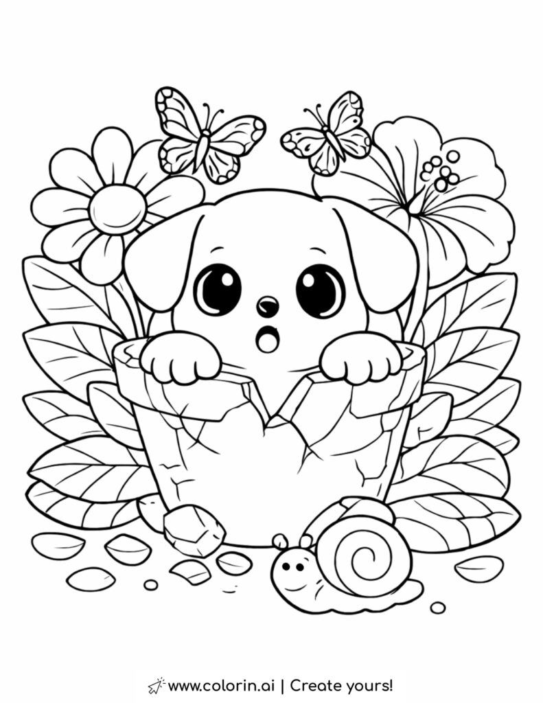 puppy peeking from broken flower pot coloring page with butterflies flowers leaves and snail coloring page