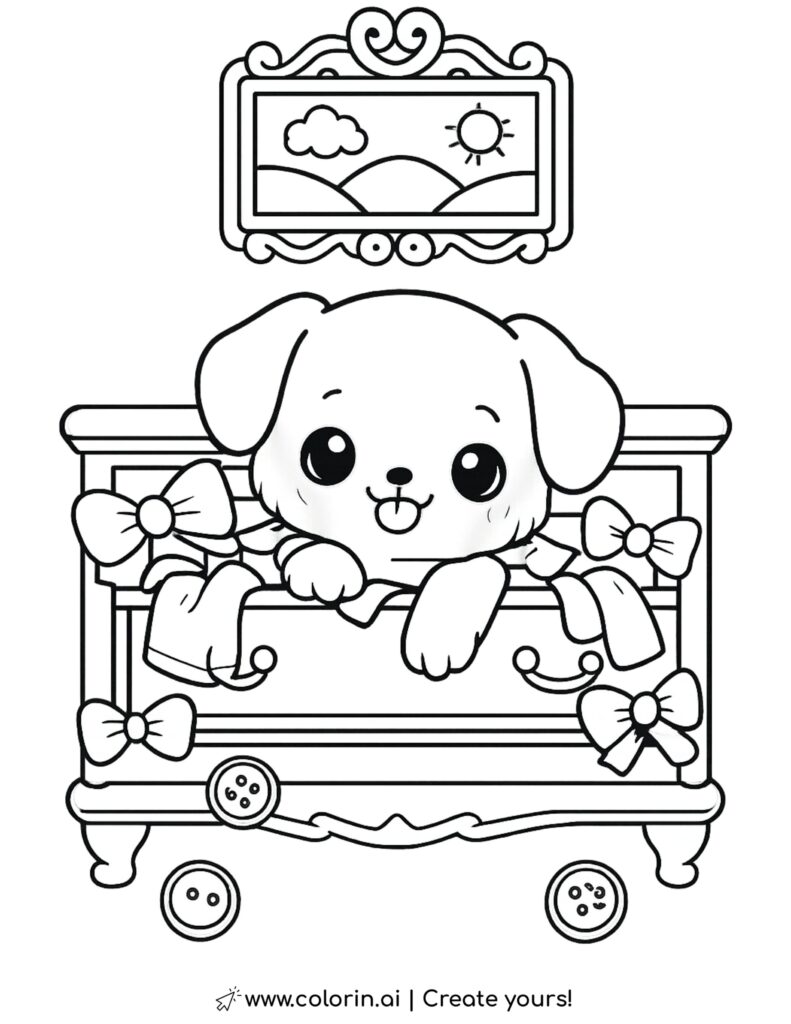 puppy peeking from dresser drawer coloring page with bows buttons and decorative dresser coloring page