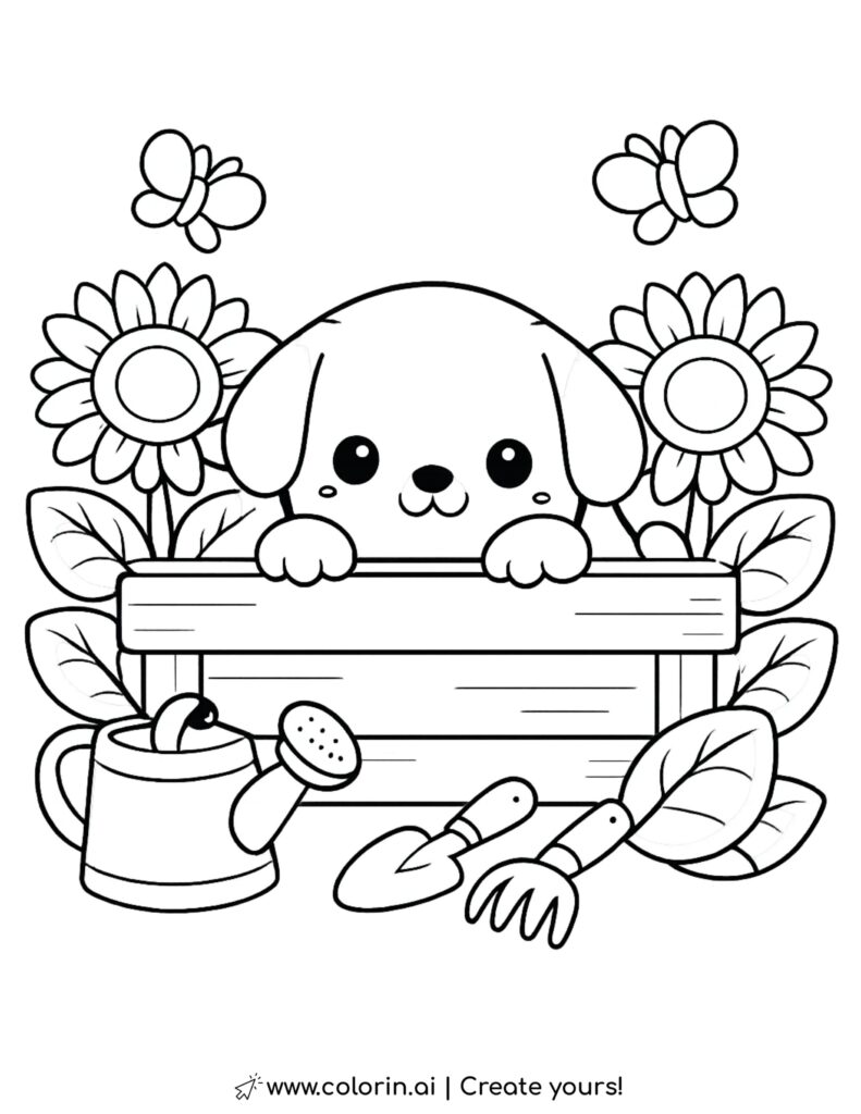 puppy peeking from garden planter coloring page with sunflowers butterflies and garden tools coloring page