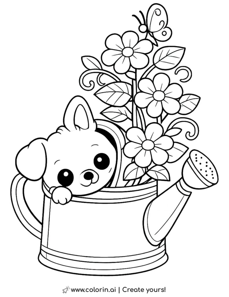 puppy peeking from watering can coloring page with flowers leaves vines and butterfly coloring page