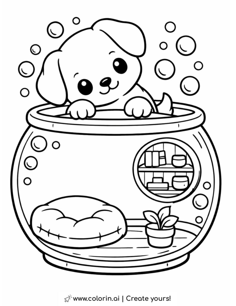puppy peeking into fishbowl room coloring page with bubbles mini bed shelf and plant coloring page