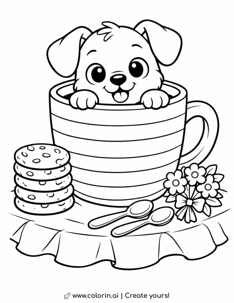 puppy peeking out of a teacup coloring page with cookies, spoons, and small flowers on a table