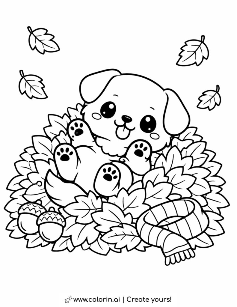 puppy playing in autumn leaves coloring page with scarf falling leaves and acorns coloring page
