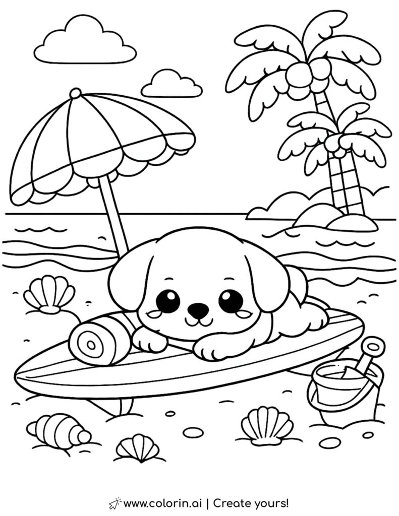 puppy relaxing on surfboard at beach coloring page with palm trees waves shells and umbrella coloring page
