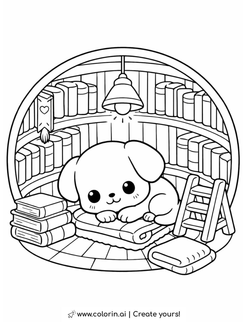 puppy resting in a cozy library coloring page with bookshelves ladder and reading nook