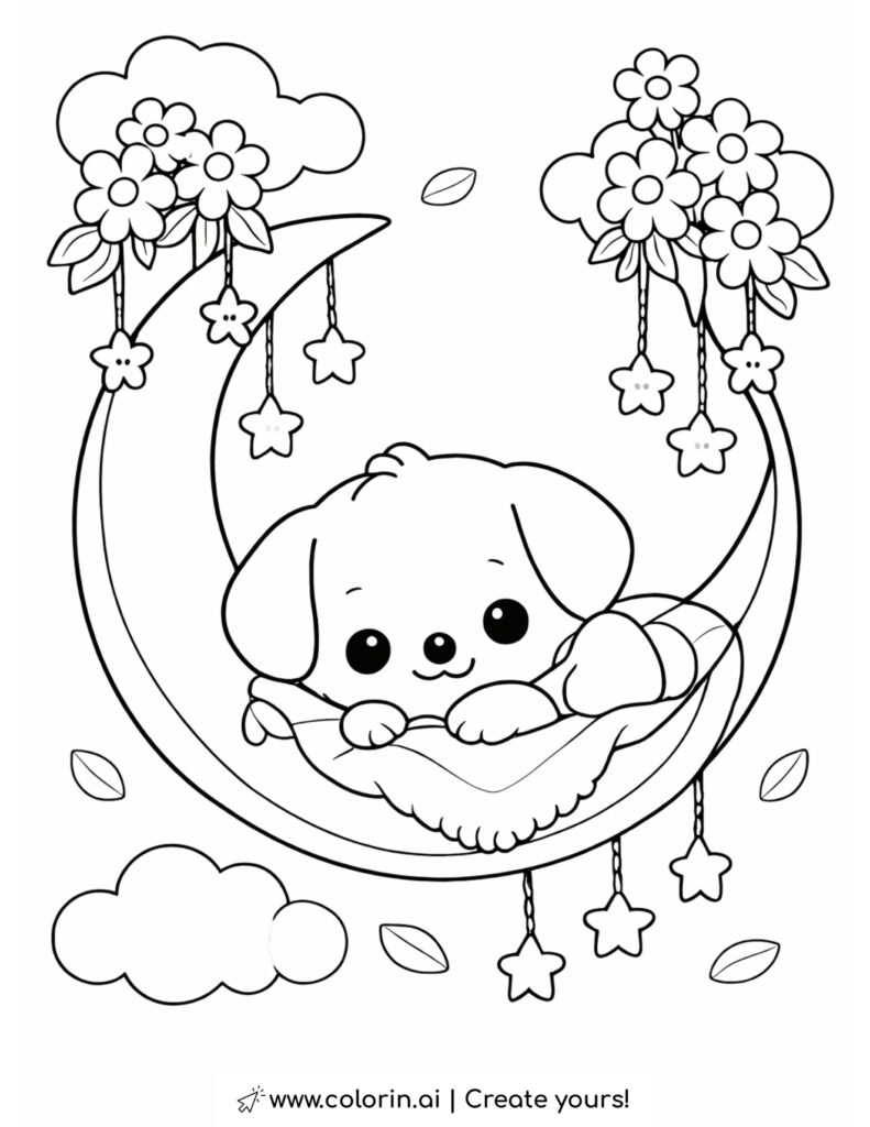 puppy resting in moon swing coloring page with flowers clouds stars and cozy blanket line art