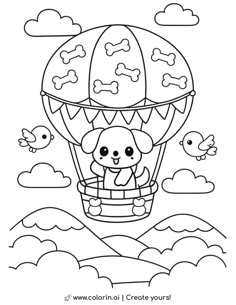 puppy riding hot air balloon coloring page with birds clouds and hills coloring page