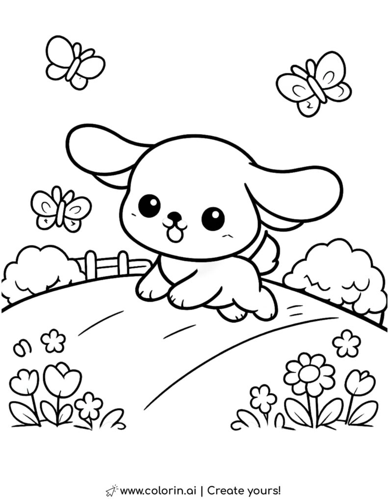 puppy running down hill coloring page with butterflies flowers bushes and fence coloring page