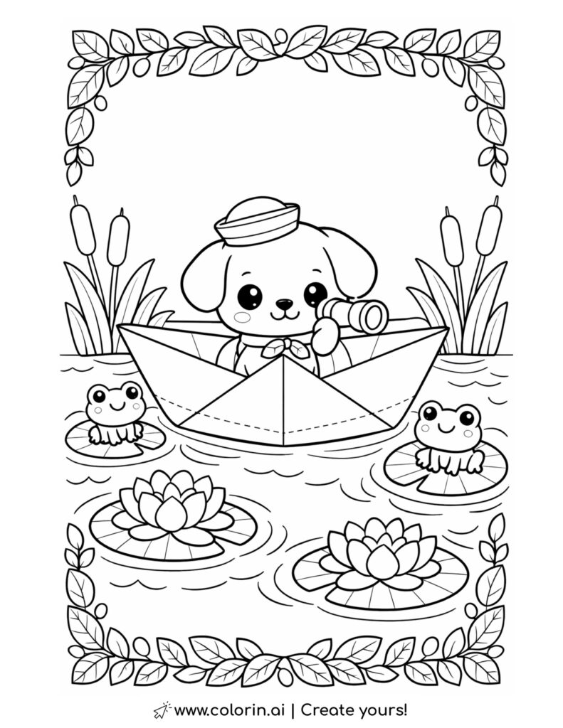 puppy sailing a paper boat coloring page with frogs lily pads and pond plants