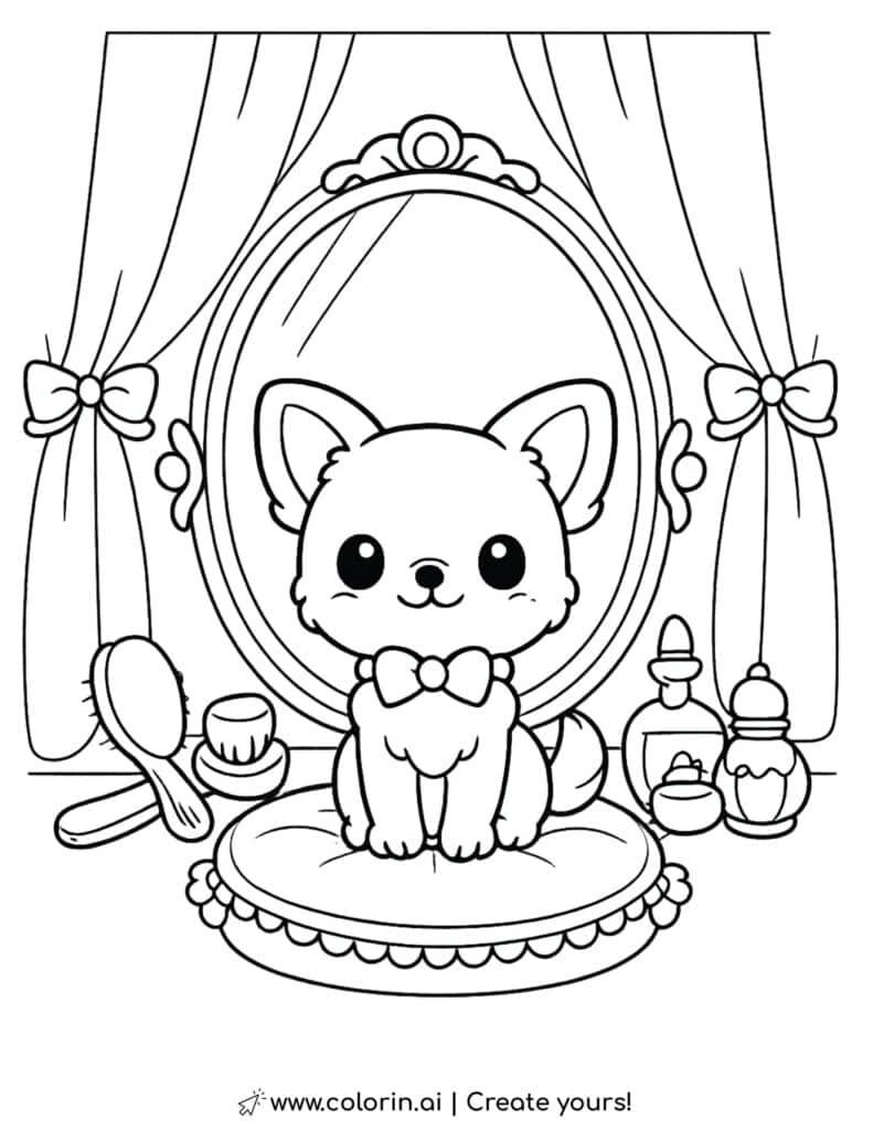 puppy sitting at vanity mirror coloring page with vintage vanity table and decorative bottles coloring page