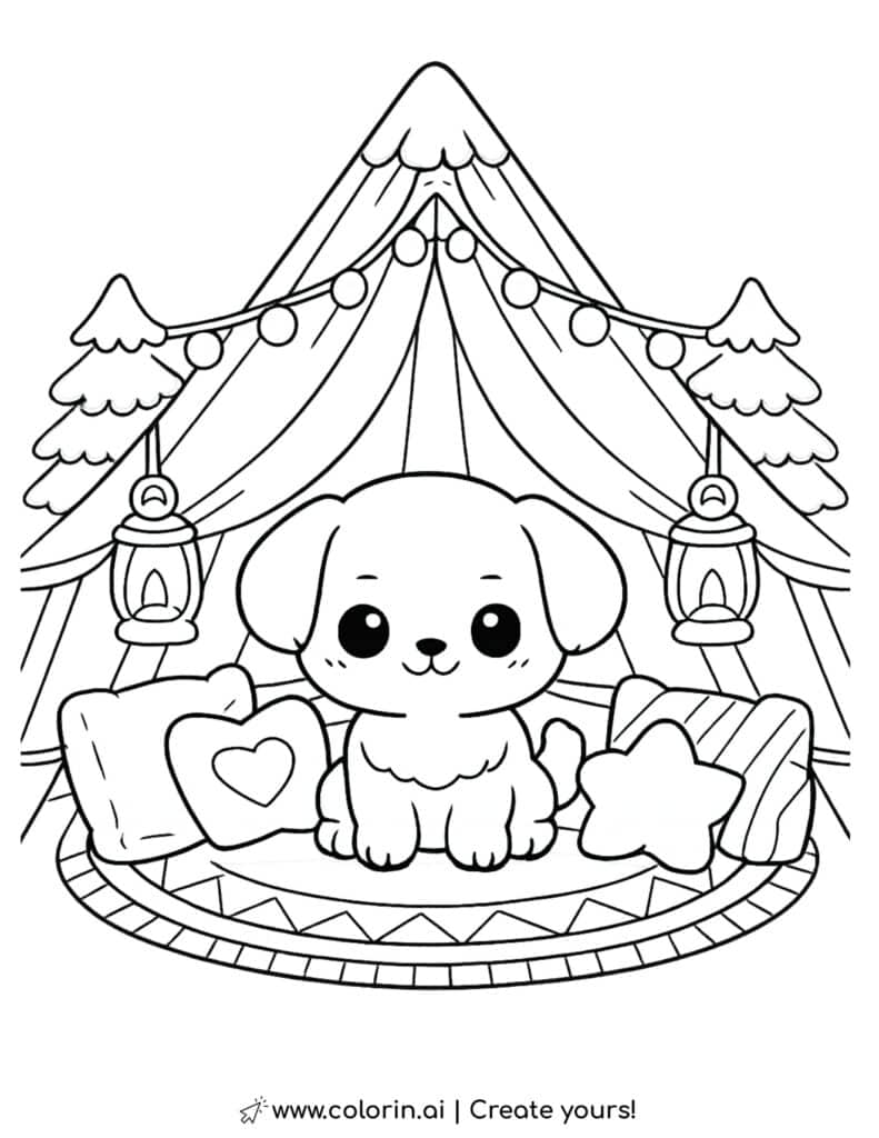 puppy sitting in a camping tent coloring page with pillows lanterns and forest trees