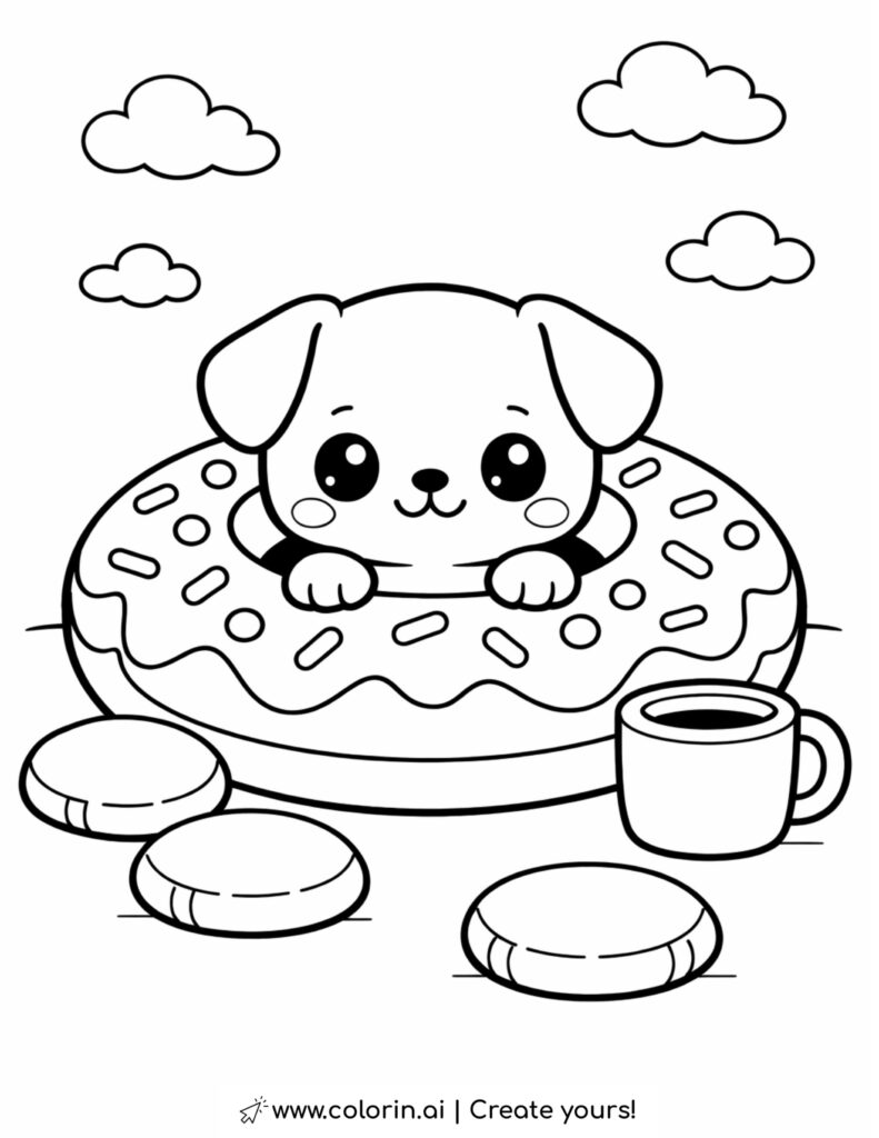 puppy sitting in a donut coloring page with sprinkles cookies and a cup on a table