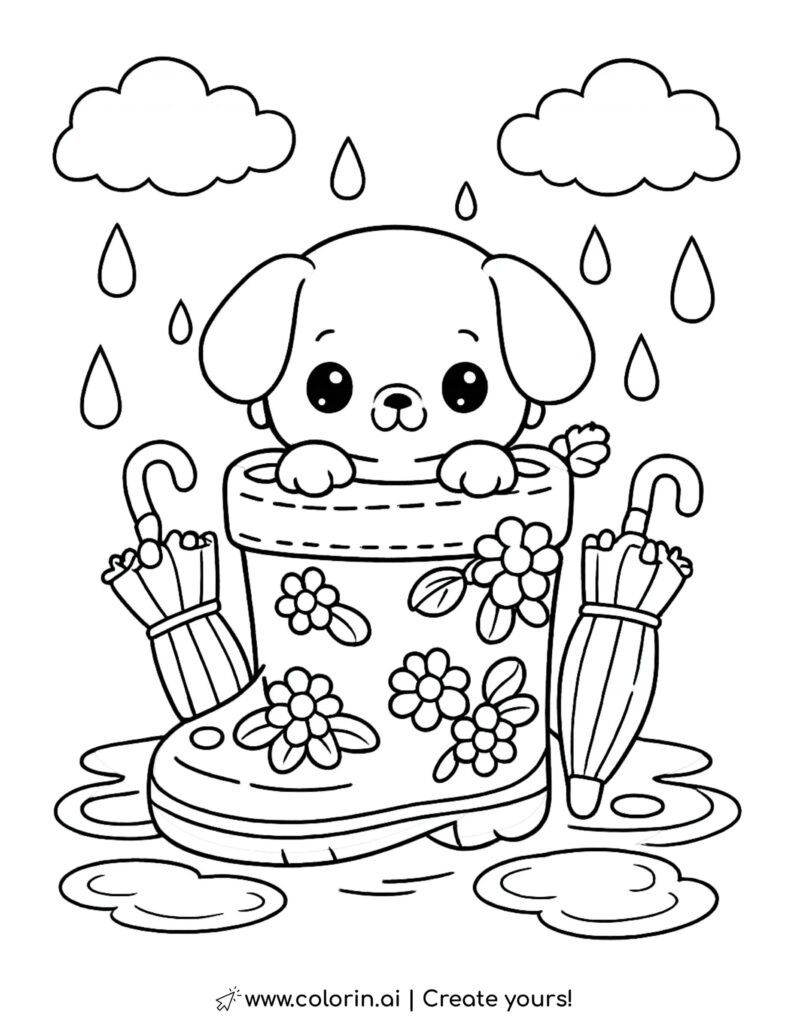 puppy sitting in a rain boot coloring page with umbrellas puddles and falling raindrops