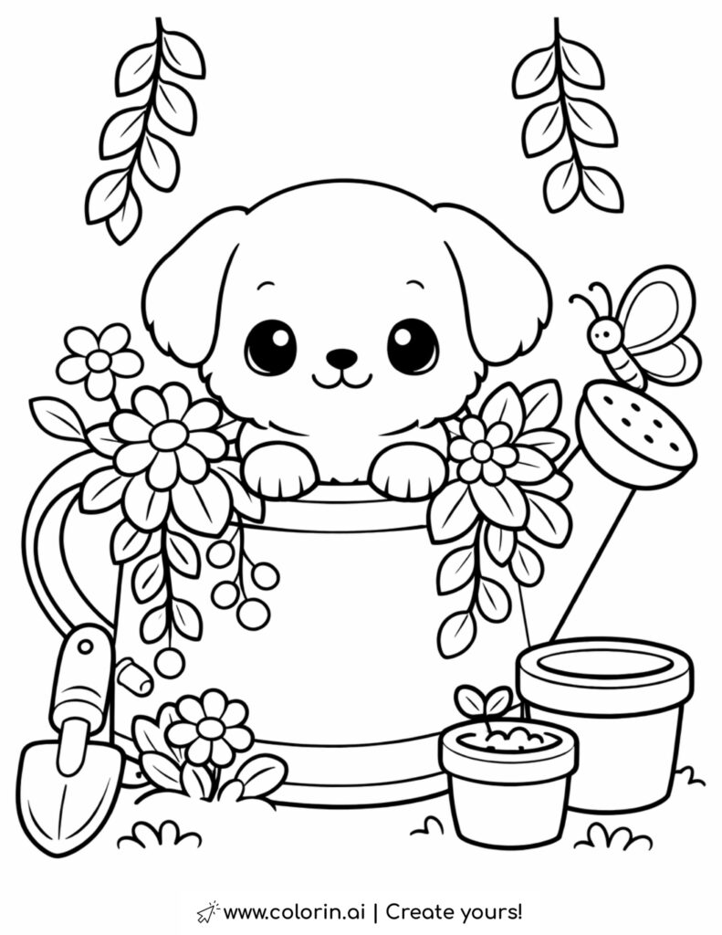 puppy sitting in a watering can coloring page with flowers garden tools and a butterfly
