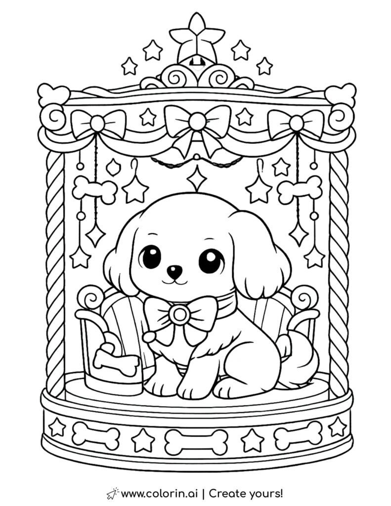 puppy sitting in decorative carousel coloring page with stars bows bones and carousel decorations coloring page