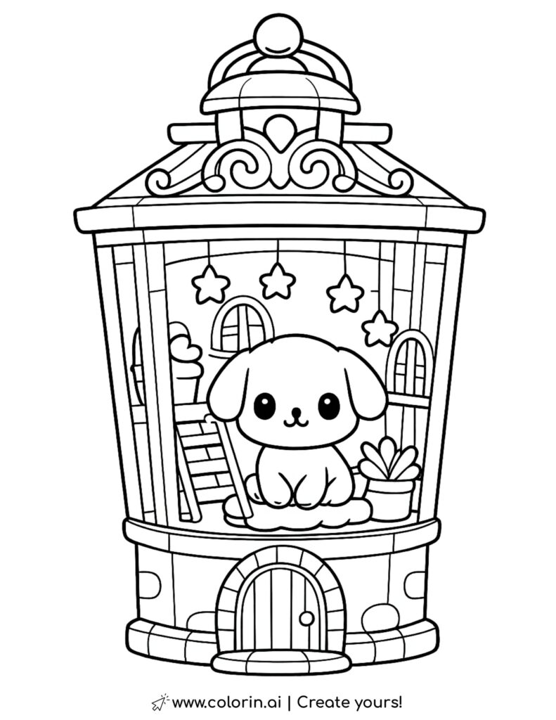 puppy sitting in lantern house coloring page with hanging stars windows stairs and plant coloring page