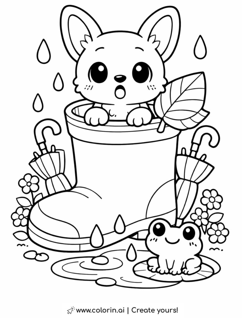 puppy sitting in rain boot coloring page with frog umbrellas raindrops and flowers coloring page
