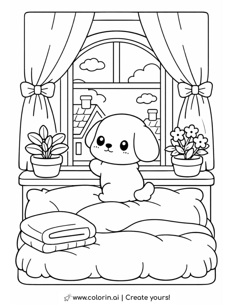 puppy sitting on a window bed coloring page with curtains plants and a cozy bedroom scene
