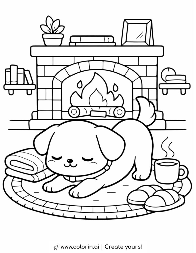 puppy stretching by fireplace coloring page with cozy rug cup and warm home scene coloring page