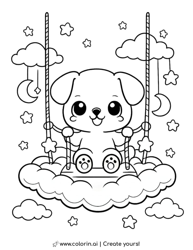 puppy swinging on a cloud swing coloring page with stars moons and clouds