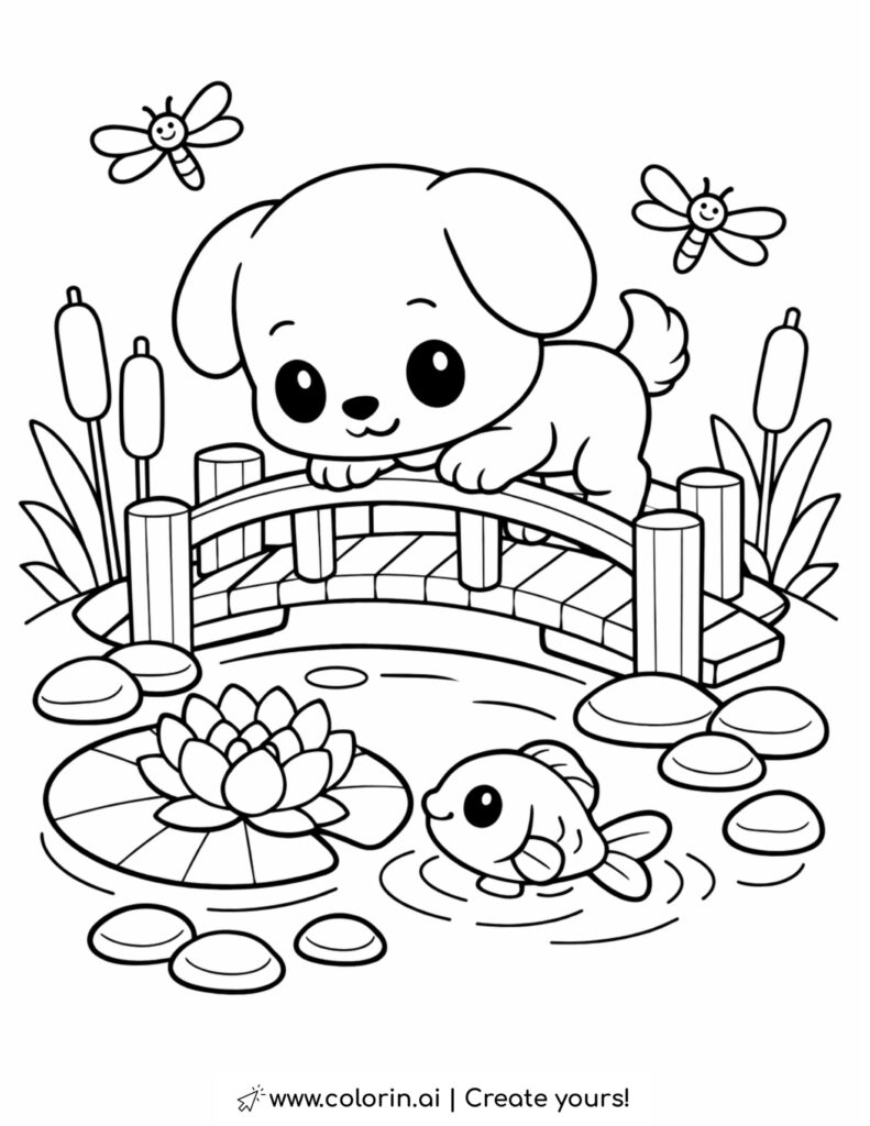 puppy walking on garden pond bridge coloring page with fish lily pad dragonflies and pond coloring page