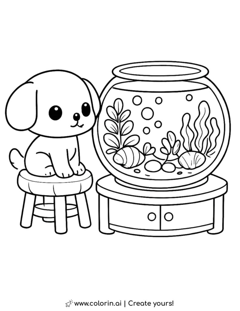 puppy watching fishbowl coloring page with aquarium plants shells bubbles and stool coloring page