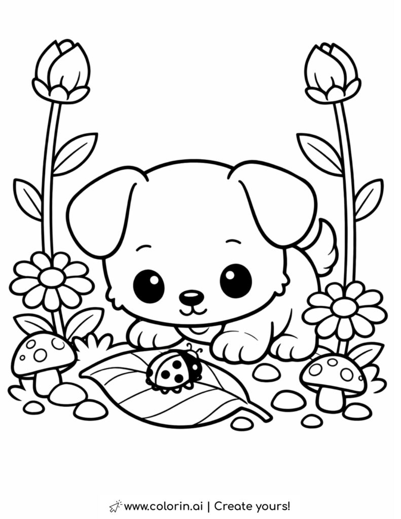 puppy watching ladybug on leaf coloring page with flowers mushrooms and garden stones coloring page