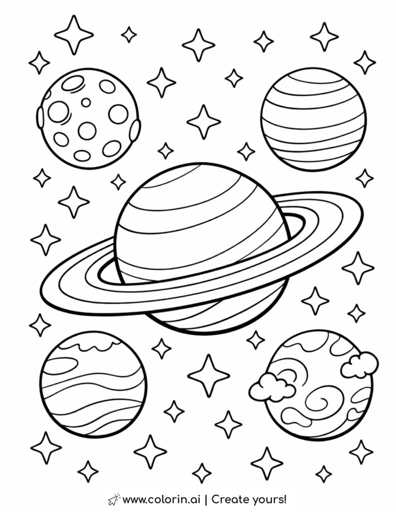 ringed planet surrounded by stars and planets coloring page