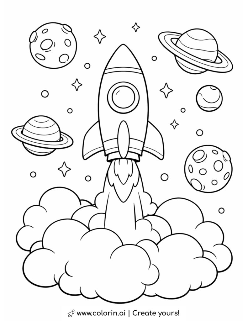 rocket launch surrounded by planets and stars coloring page