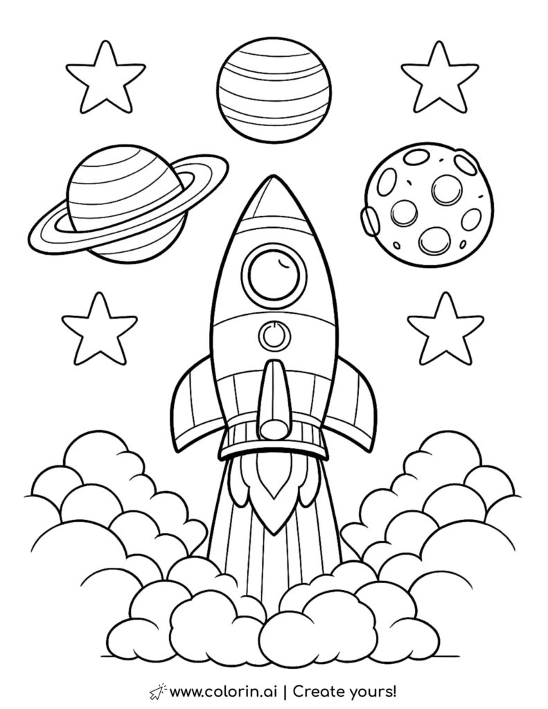 rocket launching into space with planets and stars coloring page