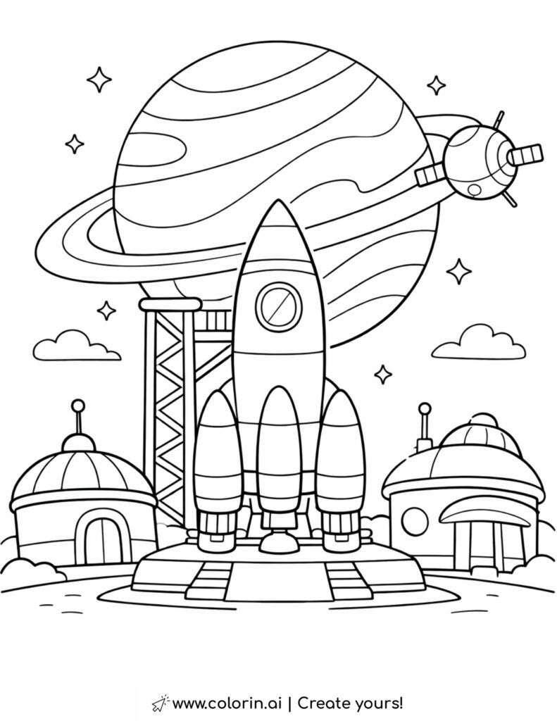 rocket on space base with planet coloring page