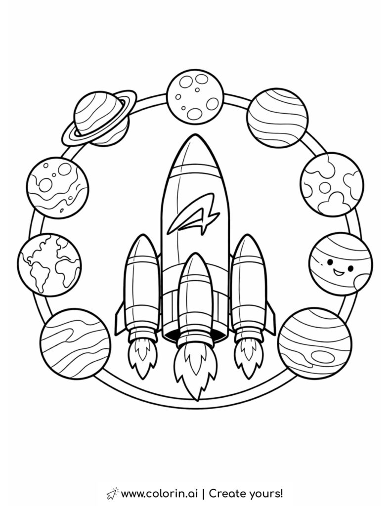 rocket surrounded by planets coloring page