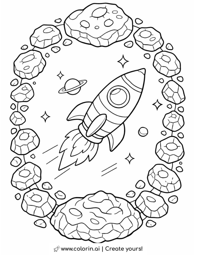 rocket flying through asteroid belt coloring page