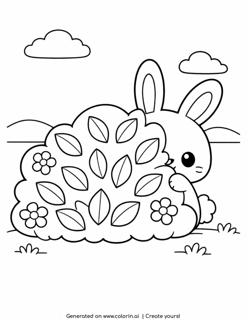 cute shy bunny hiding behind leafy bush coloring page