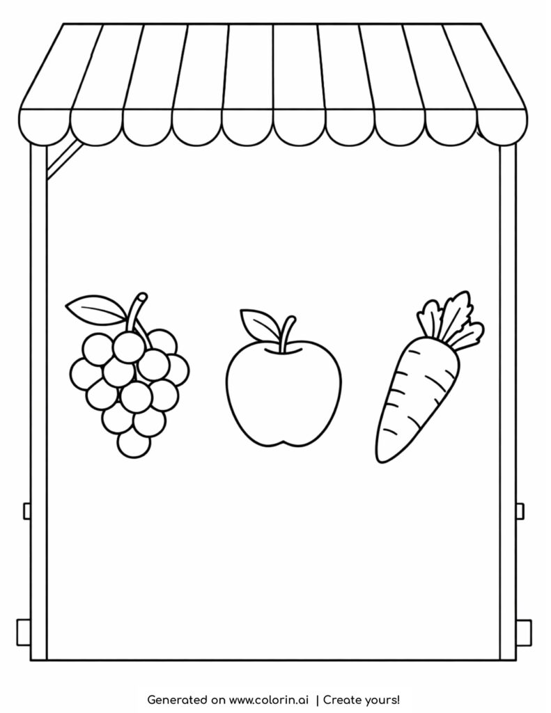 simple market stand with grapes apple and carrot coloring page